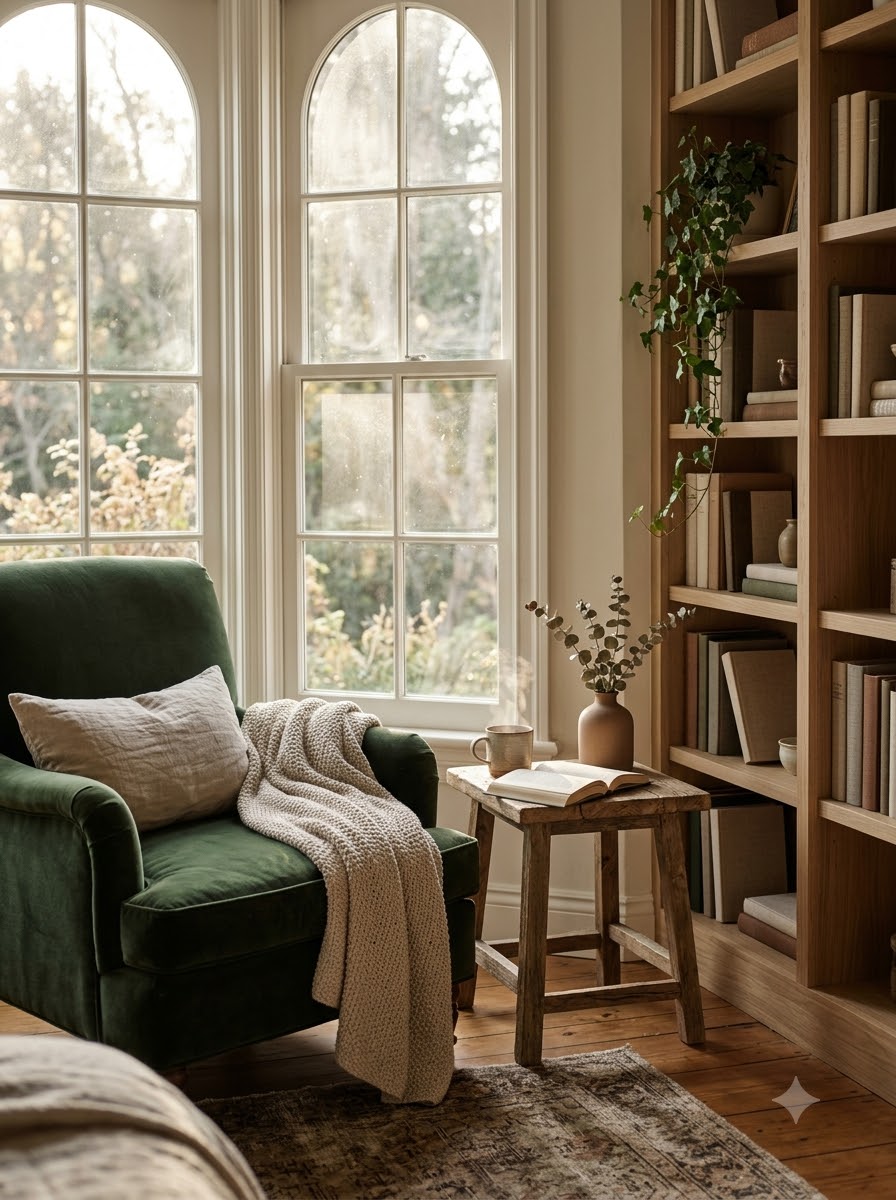 Sunlit Window Nook with Velvet Armchair