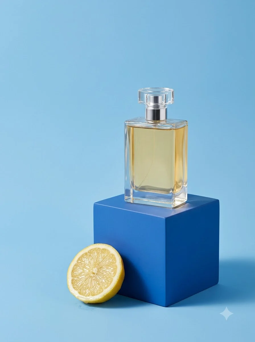 Citrus perfume on a blue pedestal