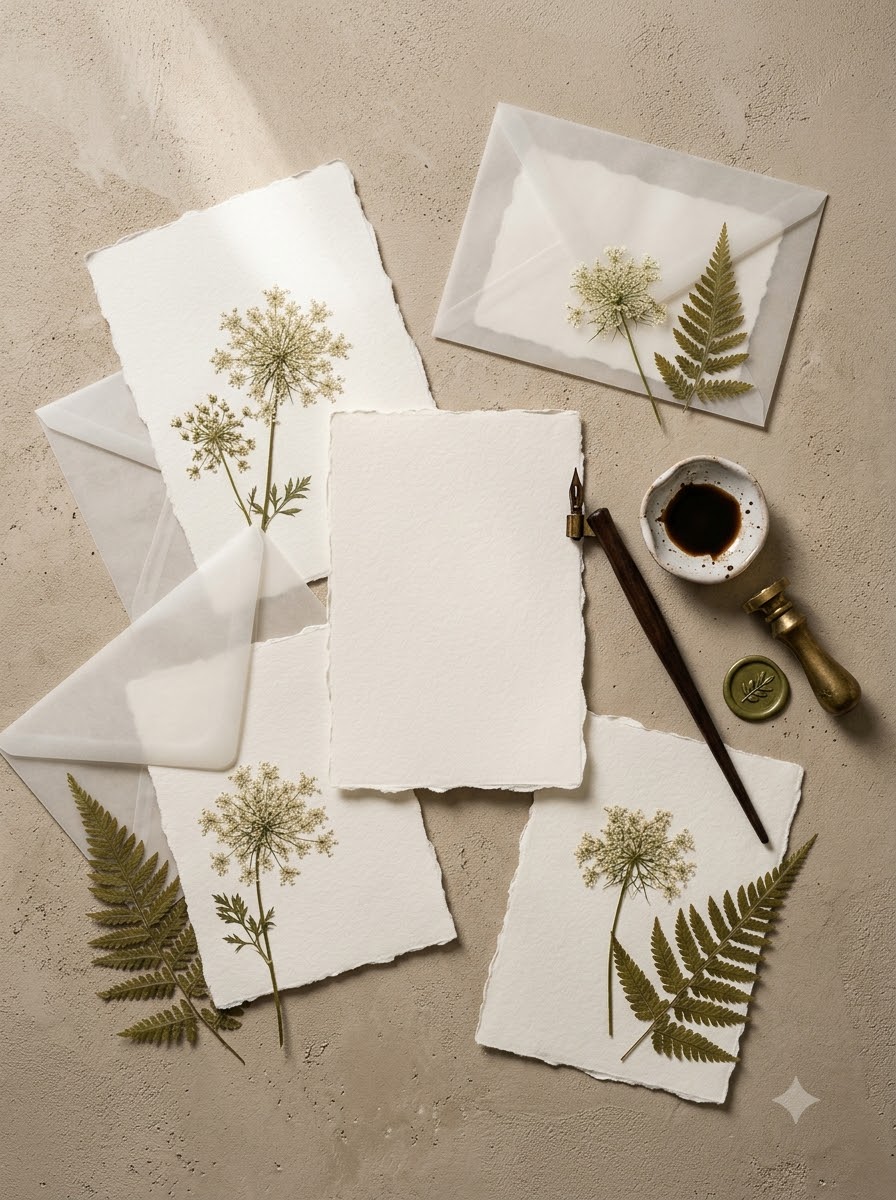 Pressed Florals & Linen Stationery Flat Lay