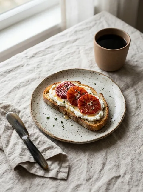 Sourdough and citrus breakfast still life