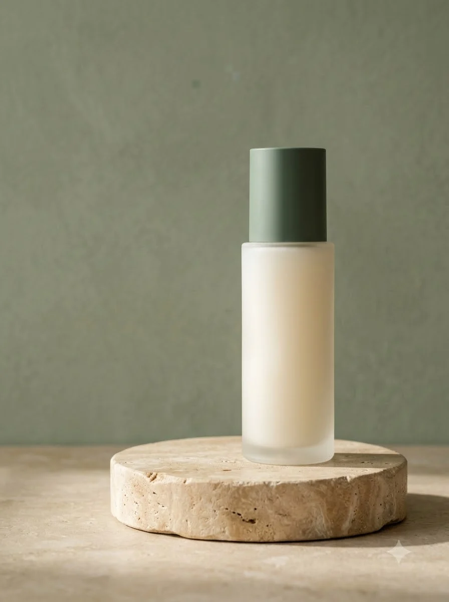 Sage skincare bottle on limestone